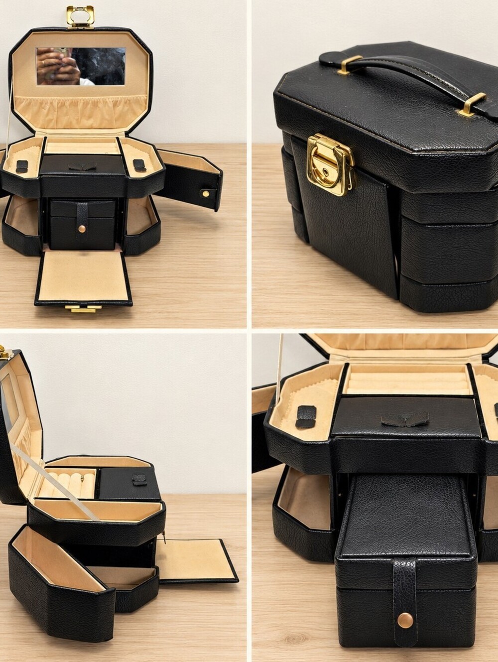 Black Jewelry Box Train Case Mirror Foldout Side Trays Ring Storage Gold Clasp